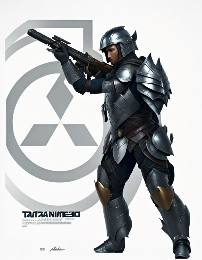 Futuristic knight in ornate armor with large gun and stylized letter "G