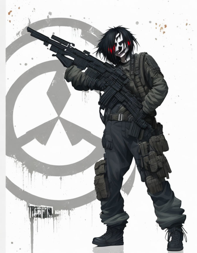 Illustrated character in black and red mask with gun by anarchy symbol