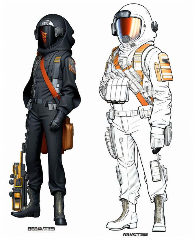 Futuristic space suits in black and white with orange details and helmets.