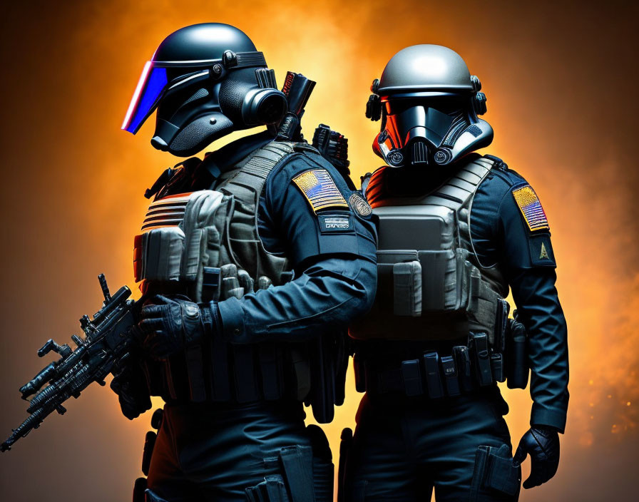 Futuristic soldiers in helmets and body armor with rifle on orange backdrop