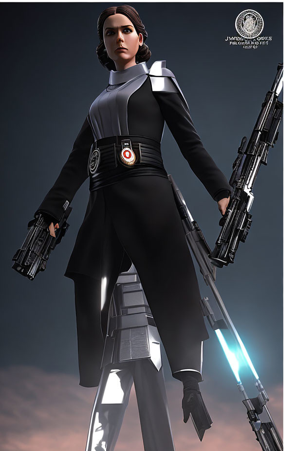 Female sci-fi character with blaster pistol in high-tech suit and cape on grey background