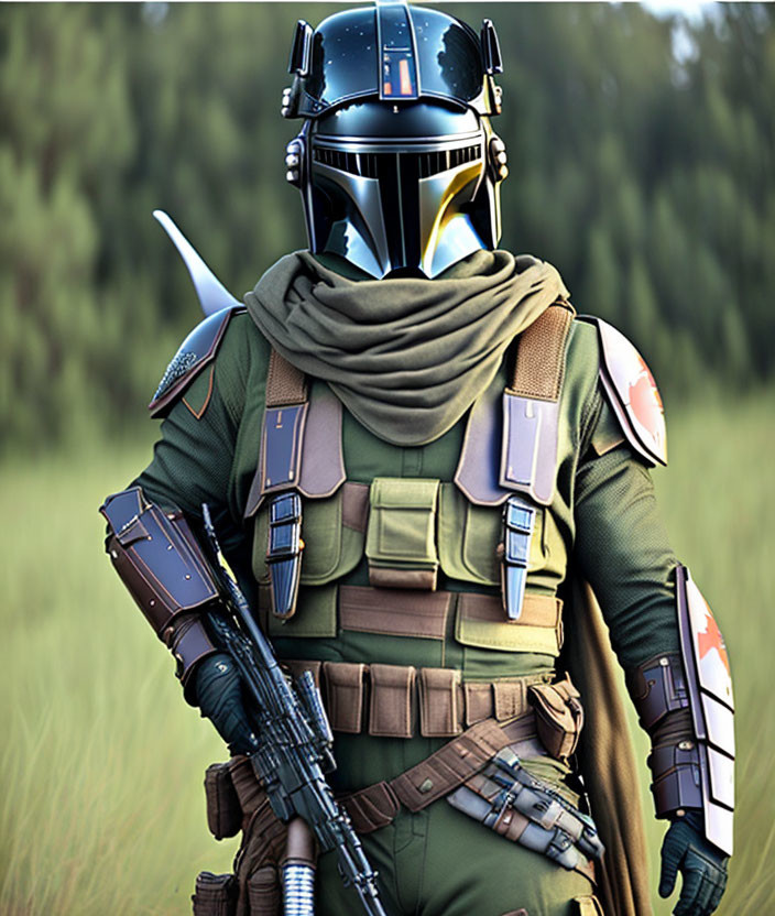 Armored Figure with Helmet and Blaster Rifle in Natural Setting