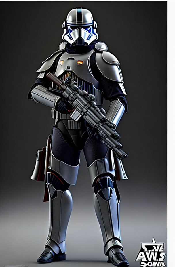 Detailed Clone Trooper in Full Armor Holding Blaster Rifle