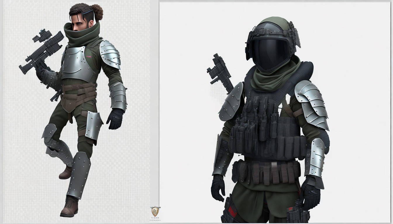 Futuristic soldier illustrations with rifles, one without helmet