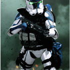 Detailed Star Wars Clone Trooper action figure in white and blue armor with blaster rifle