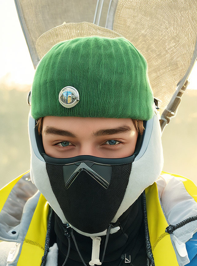 Person with Blue Eyes in Green Beanie, Black Face Mask, Yellow Jacket, and Silver Umbrella