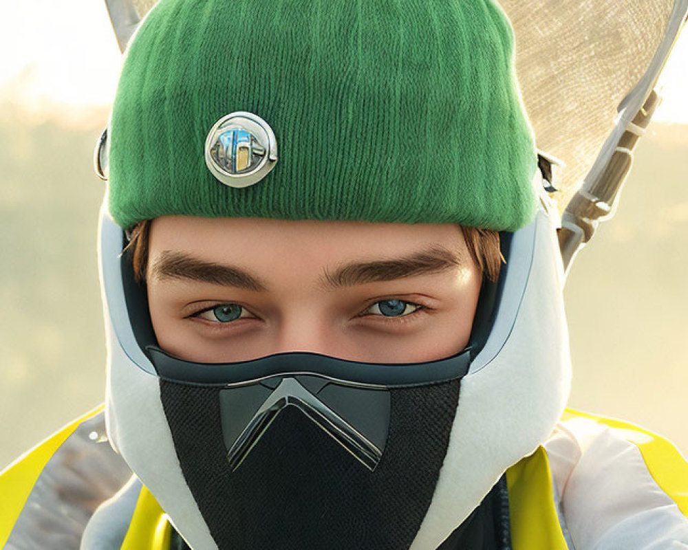 Person with Blue Eyes in Green Beanie, Black Face Mask, Yellow Jacket, and Silver Umbrella