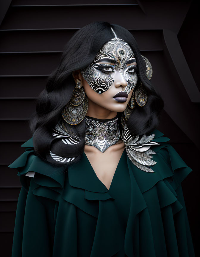 Intricate Silver and White Tribal-Inspired Face Paint with Green Ruffled Outfit