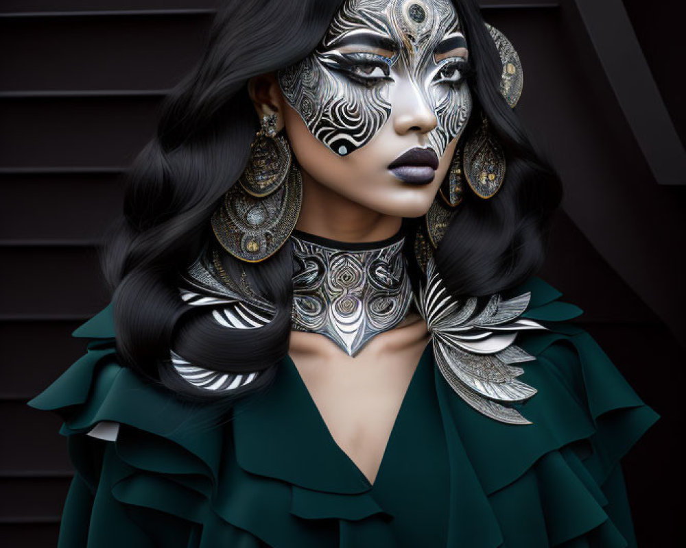 Intricate Silver and White Tribal-Inspired Face Paint with Green Ruffled Outfit