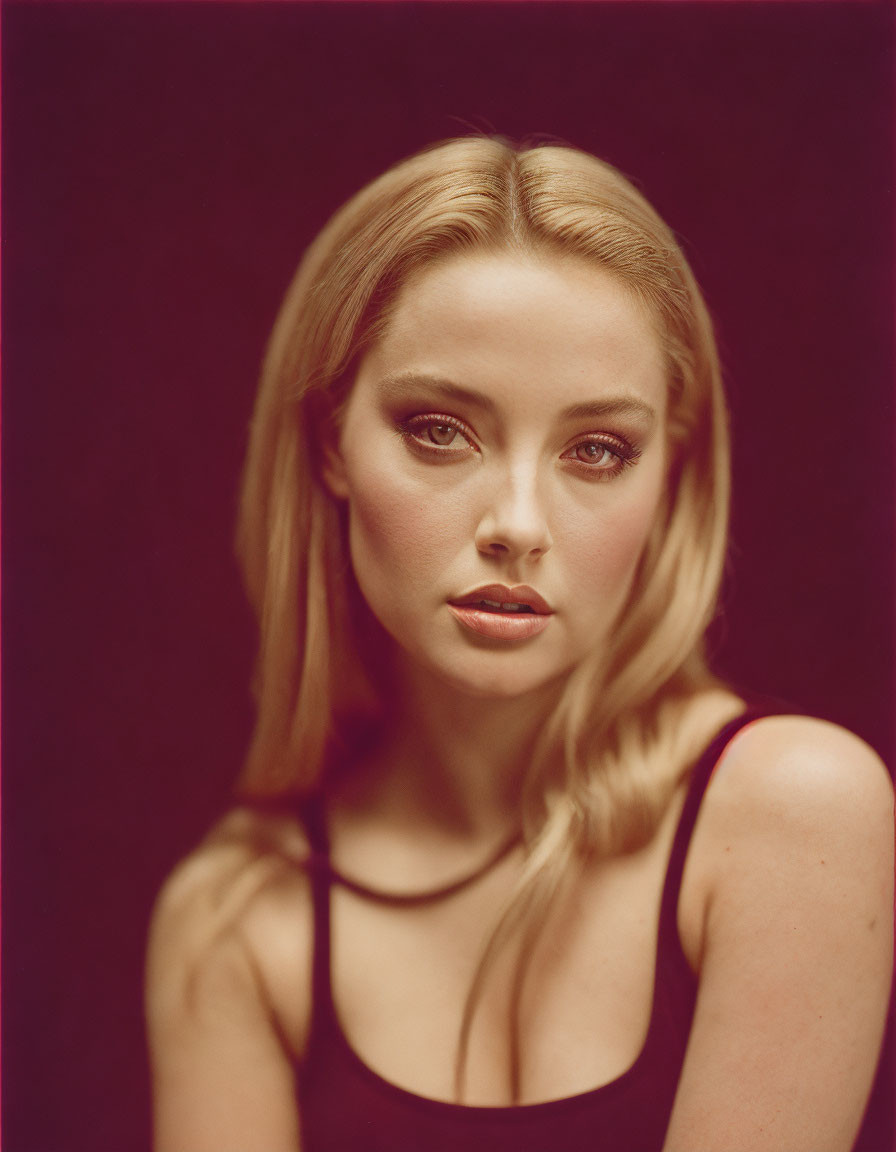 Blonde Woman Portrait with Subtle Makeup on Dark Background