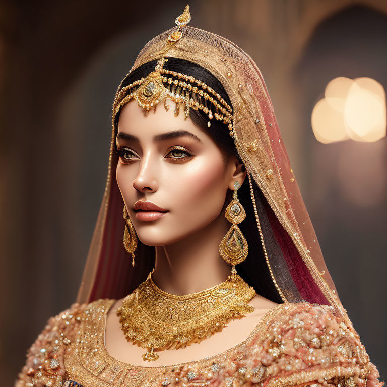 Traditional Indian Bridal Attire with Maang Tikka and Bejeweled Jewelry