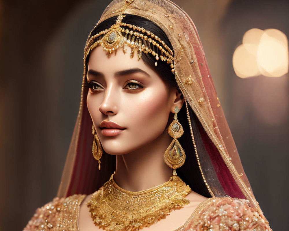 Traditional Indian Bridal Attire with Maang Tikka and Bejeweled Jewelry