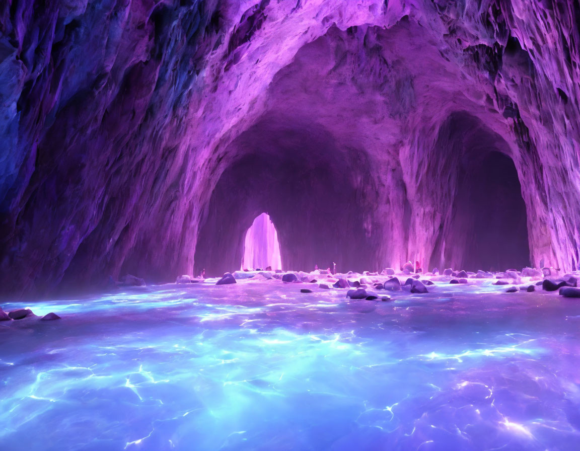 Mystical Glowing Cave with Purple Hues and Bioluminescent Floor