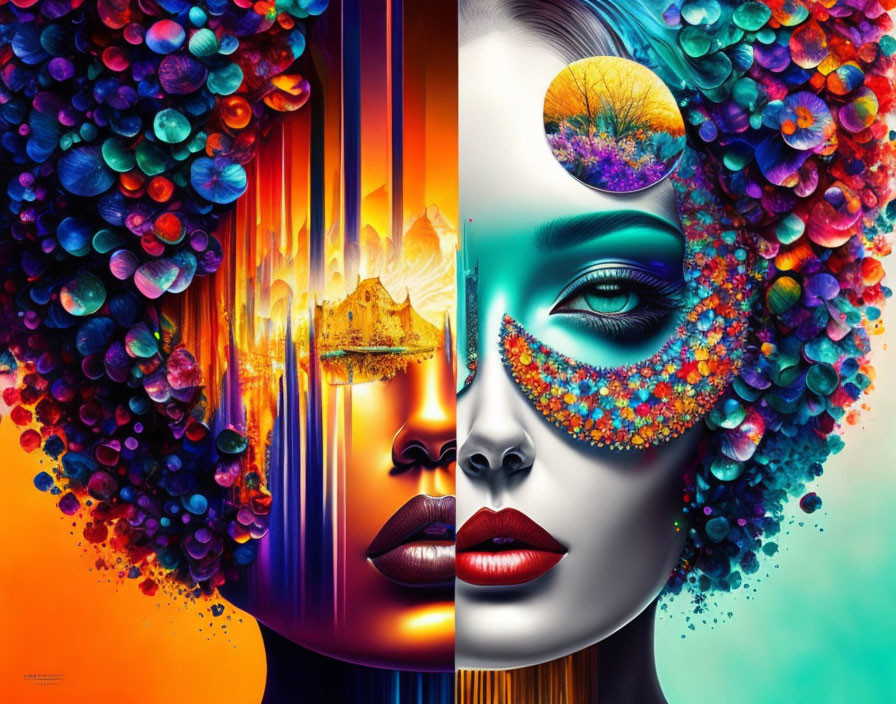 Colorful symmetrical faces with nature and urban elements.