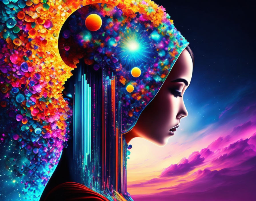 Colorful digital artwork of woman's profile with cosmic floral headdress against starry space and sunset background