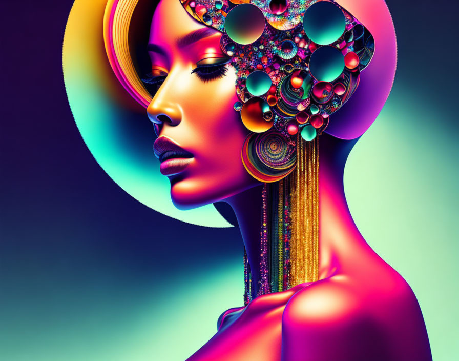 Colorful Woman with Beaded Headdress on Neon Background