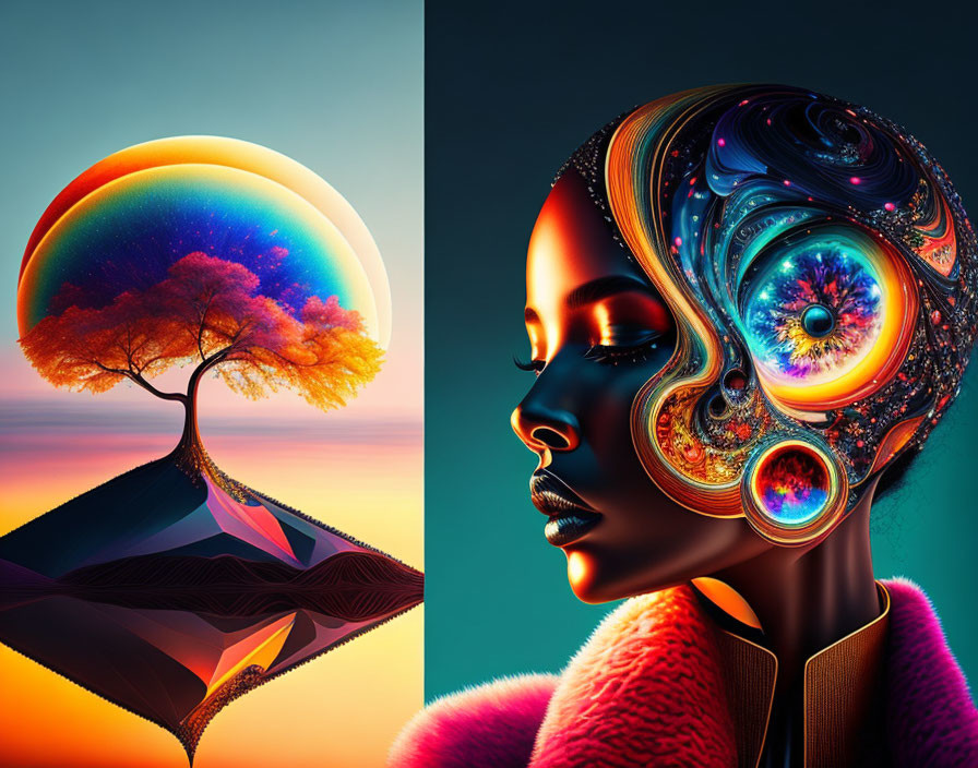 Colorful Tree and Robot Woman Split-Image Display