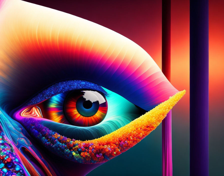 Vibrantly colored digitally manipulated eye image with iridescent hues and crystal tear