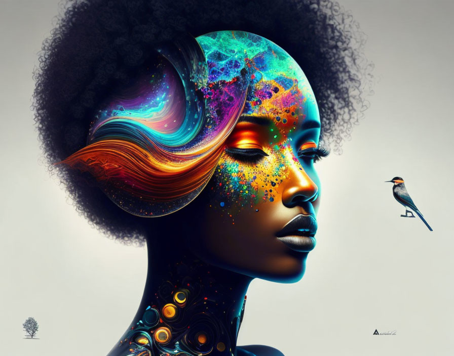 Colorful surreal portrait of a woman with galaxy-themed face and cosmic patterns.