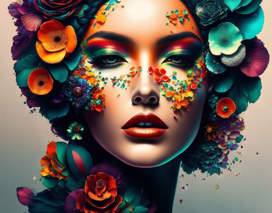 Colorful woman's face artwork with floral headdress.