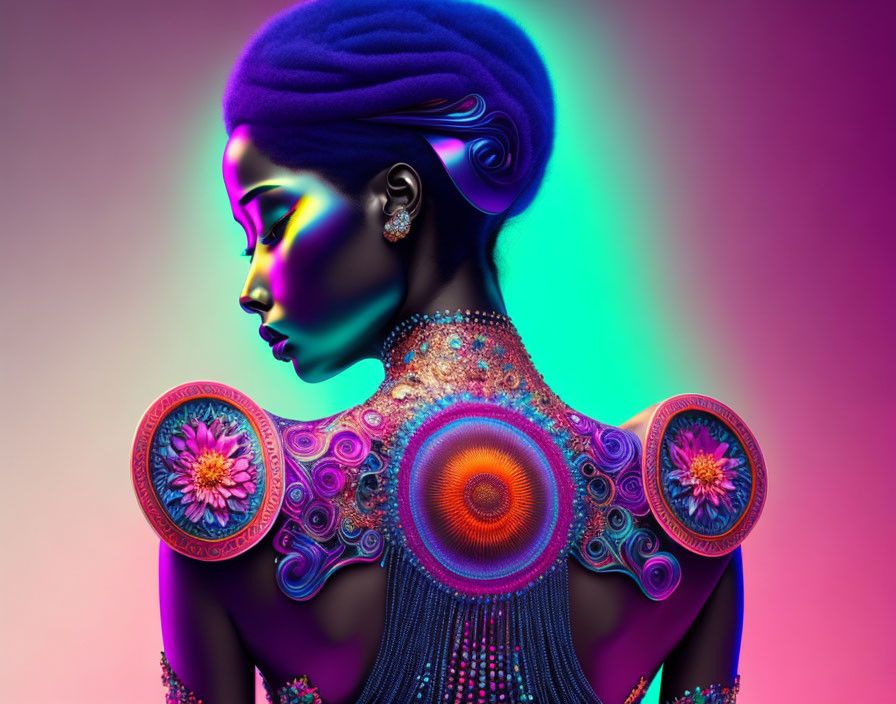 Colorful profile portrait of woman with digital body art on neon background