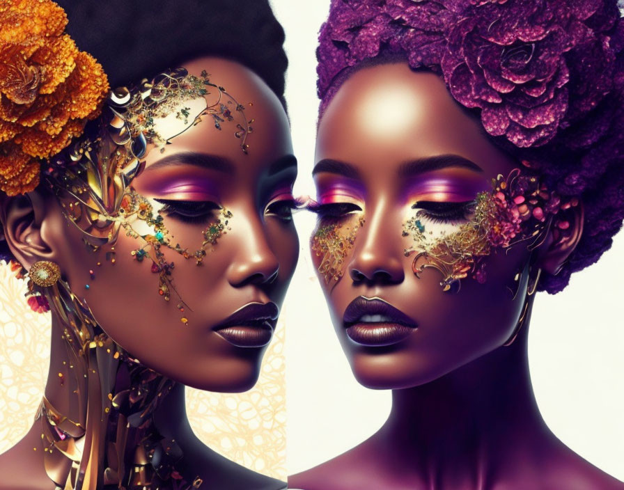 Vibrant floral and metallic adornments on women's faces in artistic representations