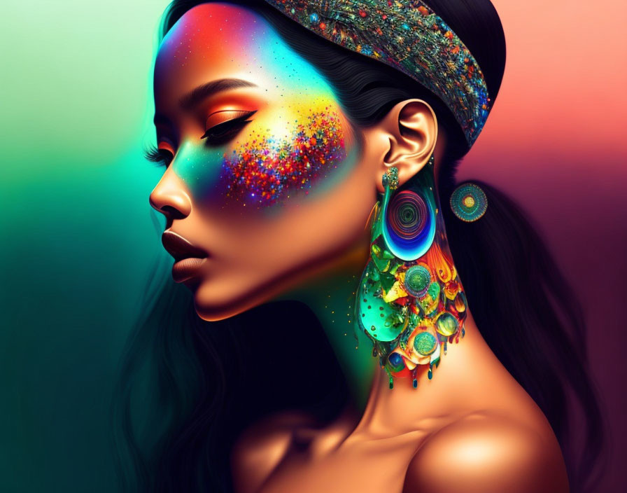 Colorful digital portrait of woman with cosmic makeup and peacock feather earrings