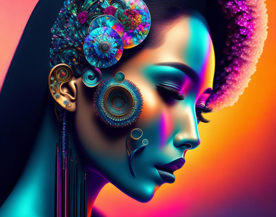 Colorful cyborg woman with intricate features on neon background