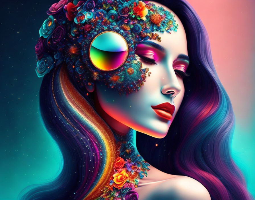 Vibrant digital artwork of woman with floral hair and ornate mask