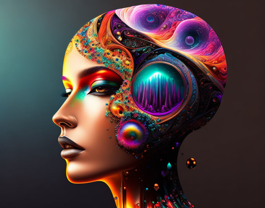 Colorful Digital Art: Woman's Profile with Psychedelic and Cosmic Patterns