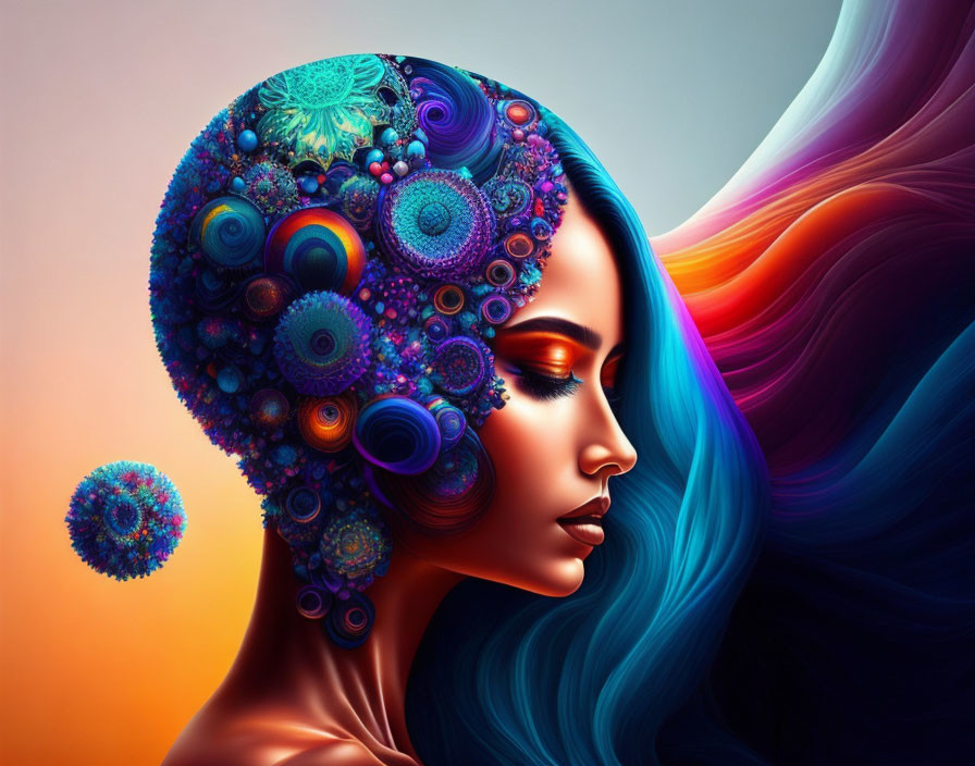 Colorful digital artwork: Woman with fractal hair design and floating sphere