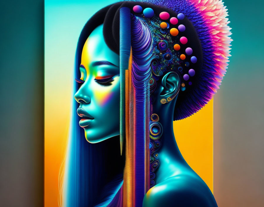 Vibrant digital art: Woman with cybernetic design merging human and mechanical elements.