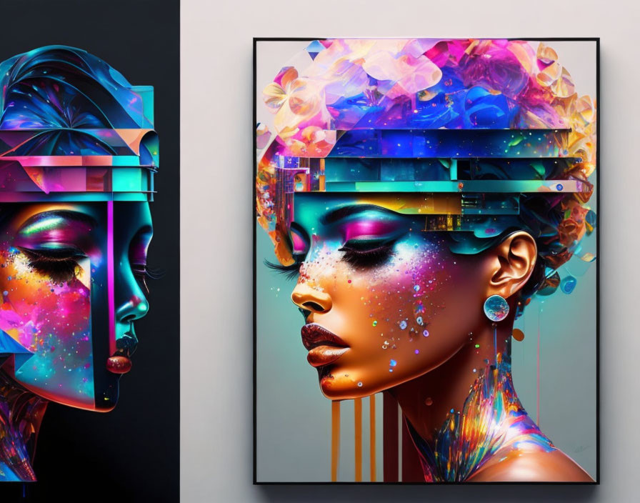 Colorful surreal portrait of a woman with abstract elements and fractal designs on dark background