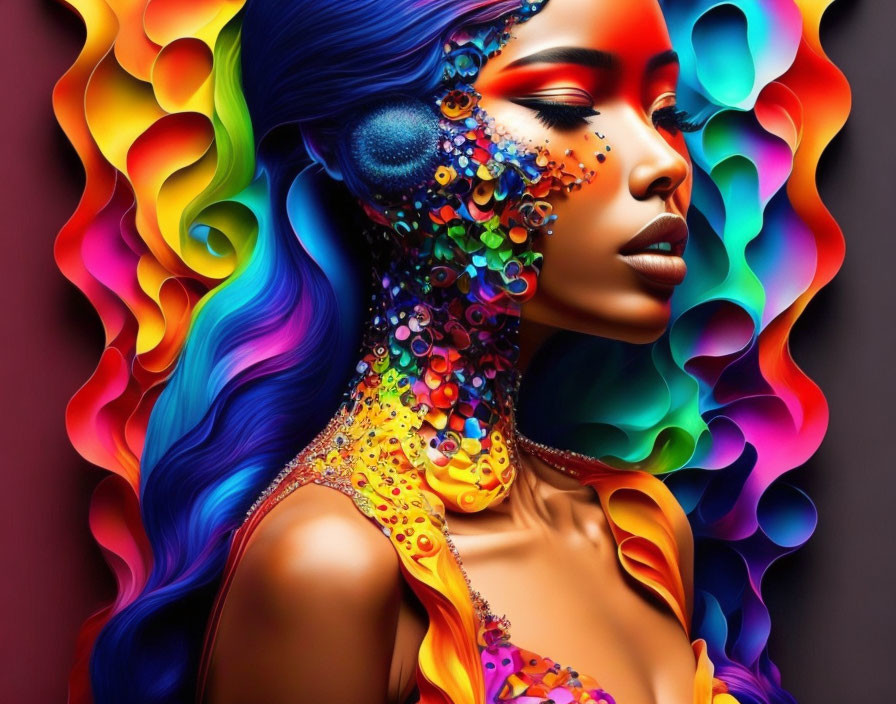 Colorful digital artwork of a woman with multicolored flowing hair and bright sequin-like textures on