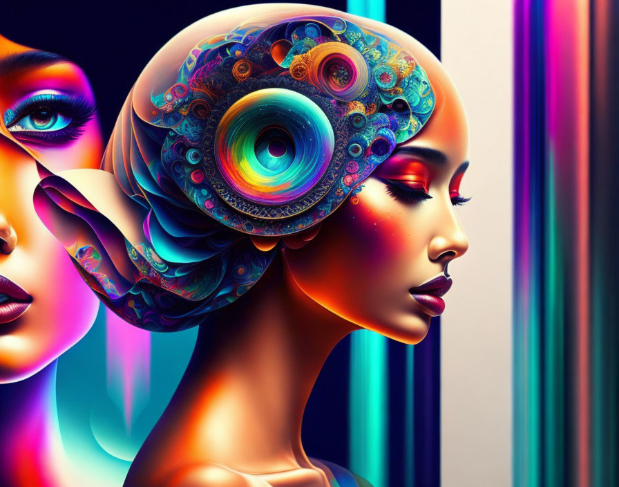 Colorful digital artwork: Two women's profiles with intricate mechanical details against neon backdrop