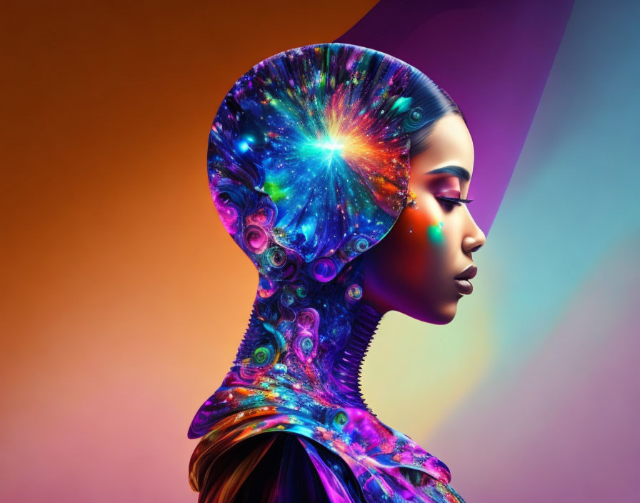 Colorful digital artwork: Woman's profile merges with cosmic explosion