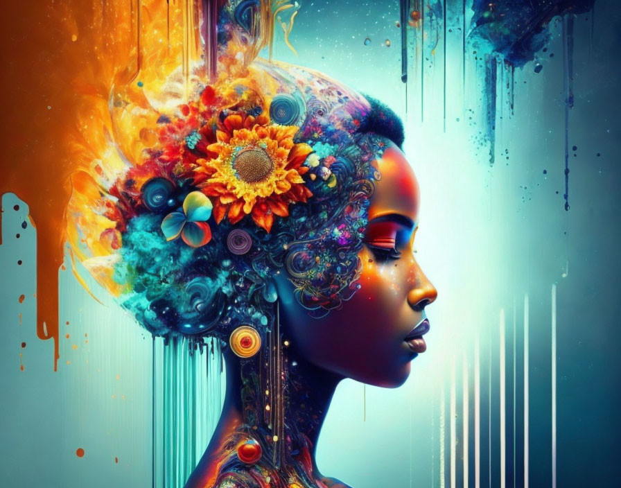 Colorful digital artwork: Woman with floral and mechanical elements in blue and orange.