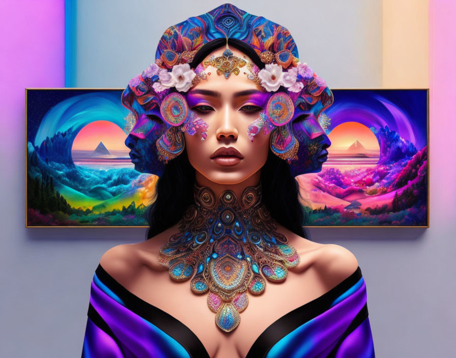 Vivid artistic makeup on woman with ornate headdress in colorful surreal landscape