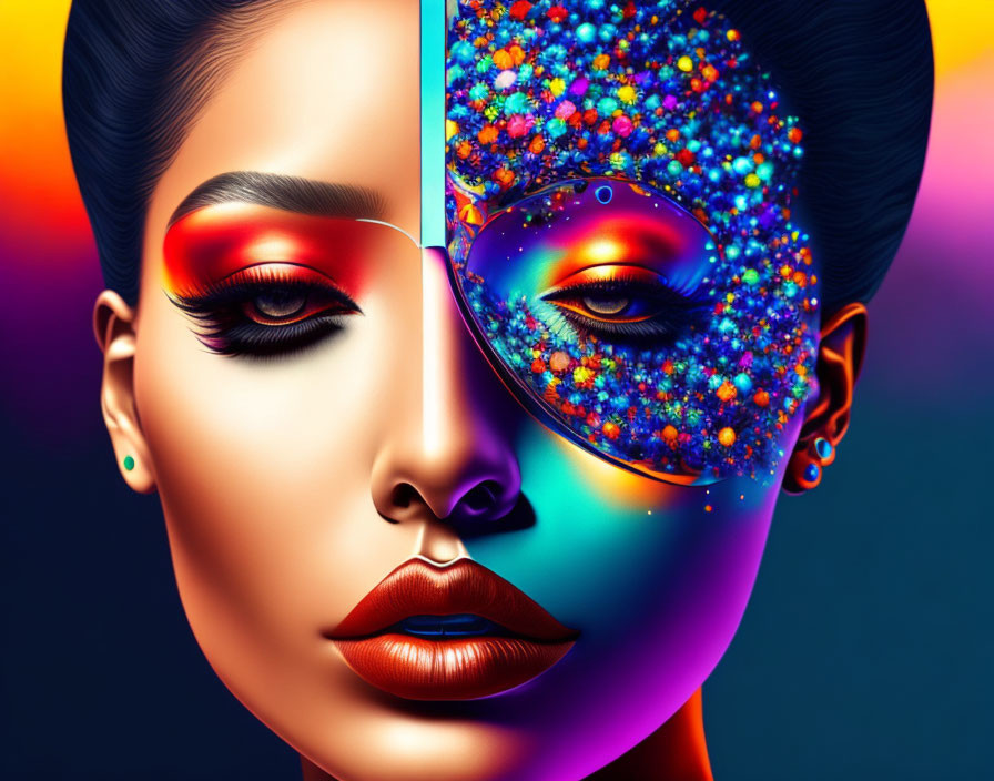 Split-face digital artwork: realistic vs. cosmic color patterns