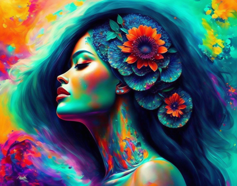 Colorful digital artwork of woman with floral hair adornments on psychedelic background