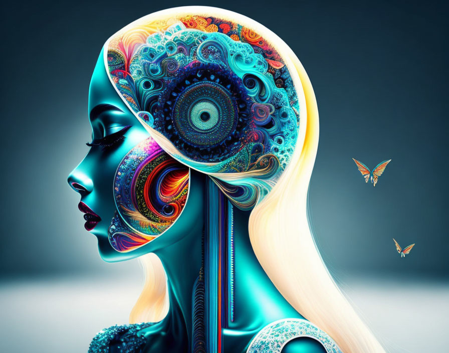 Colorful digital artwork: Woman's profile with mechanical brain and butterflies on blue background