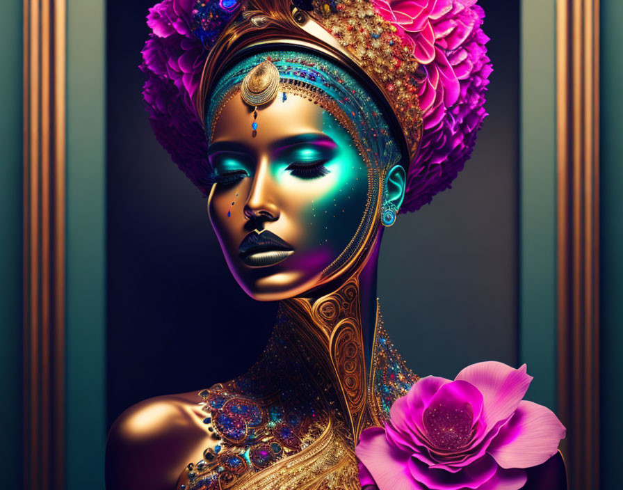 Digital Art: Woman with Golden Skin and Pink Floral Headdress