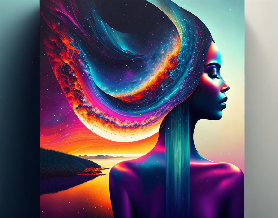 Colorful Artwork: Woman's Profile merges with Cosmic Galaxy on Sunset Horizon