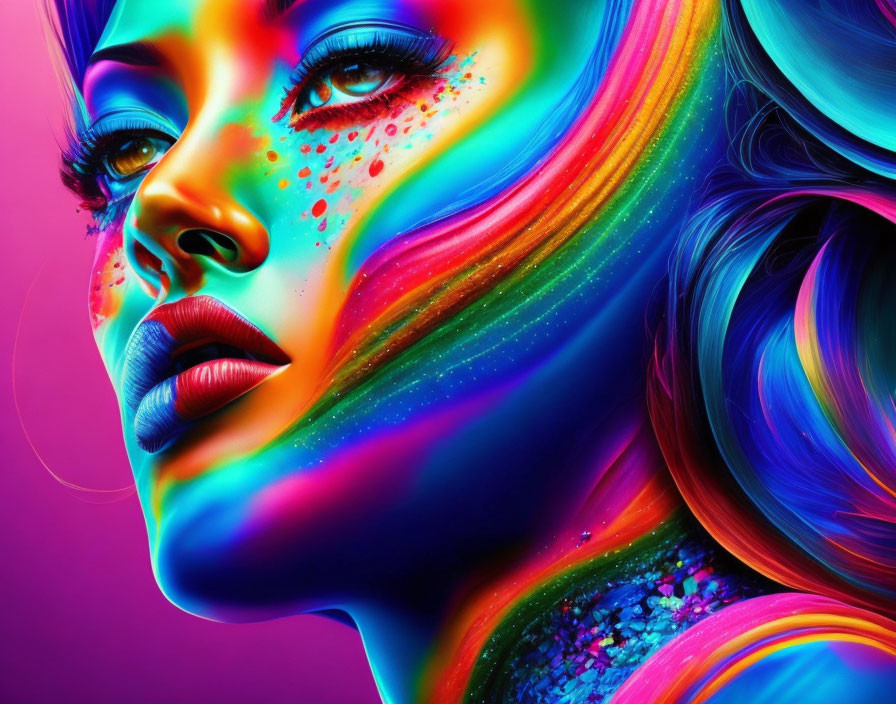 Colorful digital artwork: Woman's profile with vibrant paint splashes and flowing rainbow hair