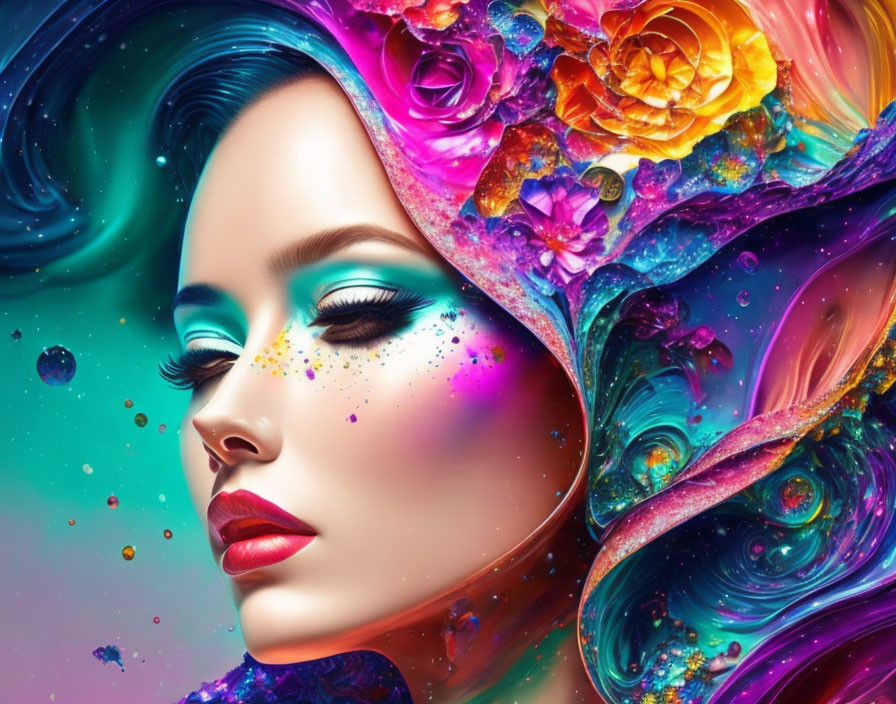 Colorful artwork featuring woman with floral hood and cosmic backdrop