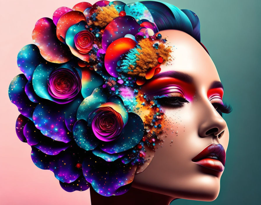 Colorful digital artwork of woman with floral and cosmic hair motif