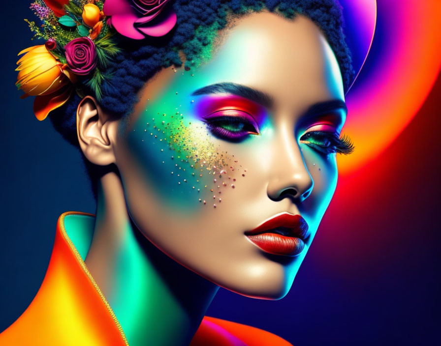 Colorful makeup and neon backdrop woman portrait with flower hair accessory