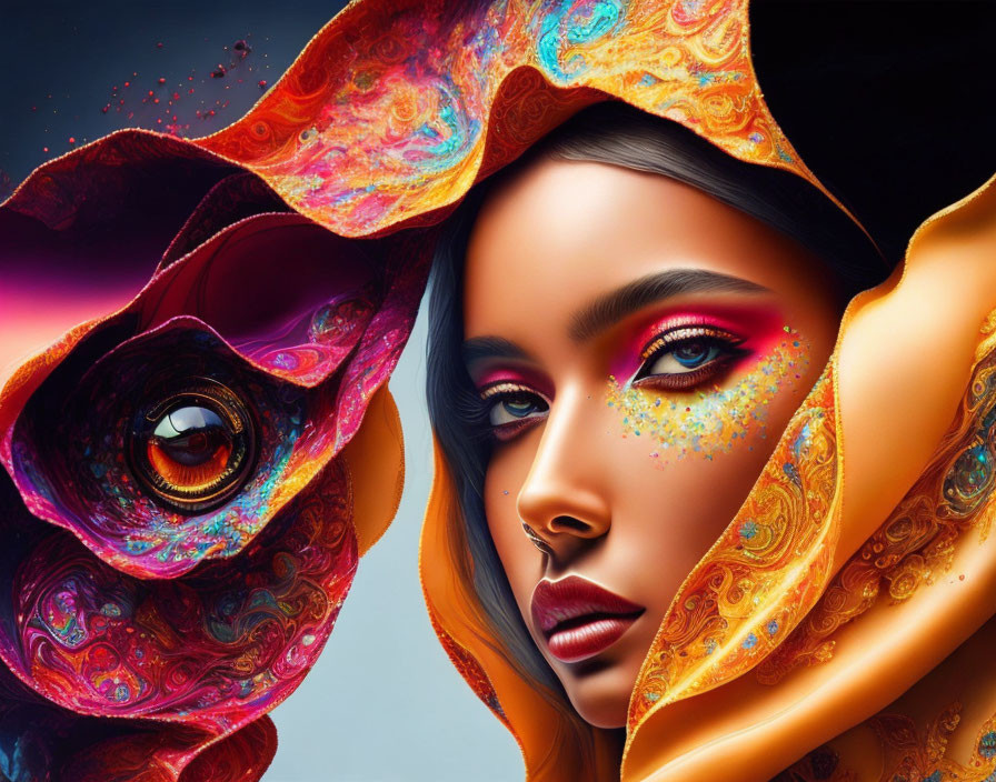 Colorful digital artwork of woman with ornate scarves and peacock feather eye.