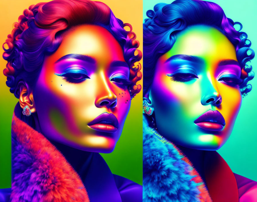 Colorful digital art features two women with vibrant skin tones, bold makeup, and fur coats in a