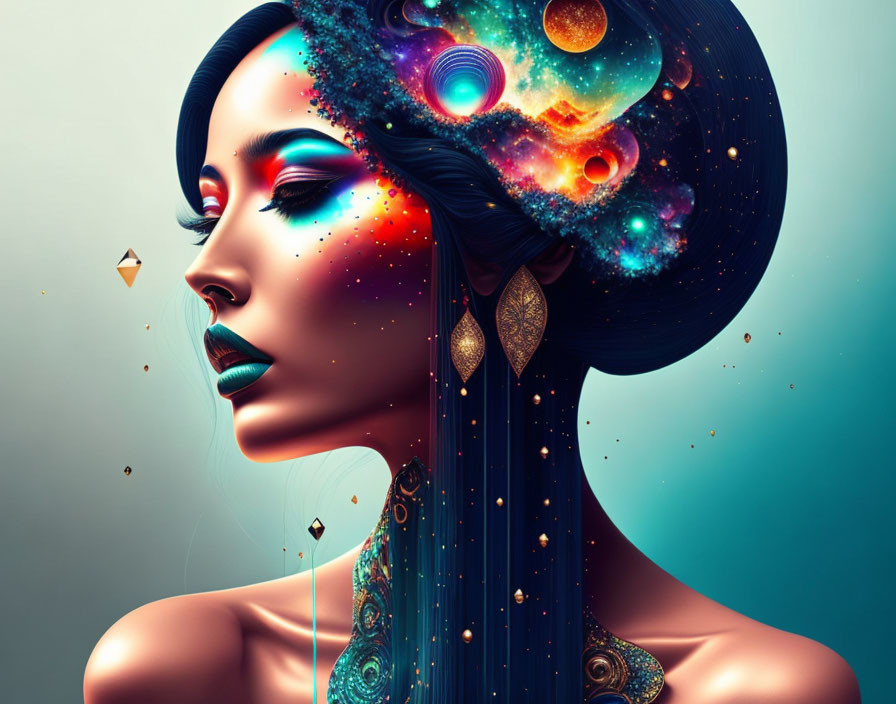 Cosmic-themed digital art portrait with galaxy hair design